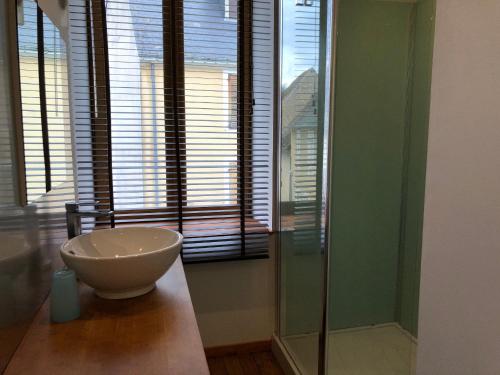 ein Badezimmer mit einem Waschbecken und einer Glasdusche in der Unterkunft Appartement 40m² lumineux avec cuisine équipée, Wi-Fi gratuit, proche mairie et église à Fay - FR-1-410-301 in Fay