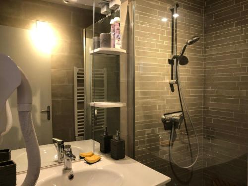 a bathroom with a sink and a shower with a shower at Moulin Authentique avec Pêche, Animaux Acceptés et Confort Moderne près du Mans - FR-1-410-323 in Mézières-sur-Ponthouin