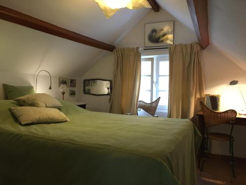 een slaapkamer met een groen bed en een raam bij Gîte Drevant, 2 pièces, 3 personnes - FR-1-586-25 