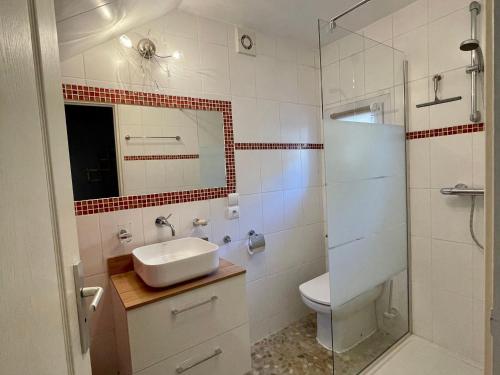 y baño con lavabo, aseo y espejo. en Gîte Aiguilhe, 2 pièces, 4 personnes - FR-1-582-354, en Aiguilhe