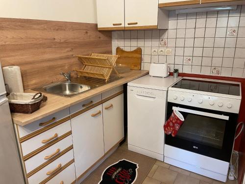 Il comprend une cuisine équipée d'une cuisinière blanche et d'un évier. dans l'établissement Gîte cosy au calme avec grand jardin, proche du Mans - Parking privé, Wifi fibre, équipements complets - FR-1-410-392, à Roézé-sur-Sarthe