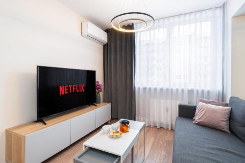 un soggiorno con TV e divano di Kairos Apartments - Solar - klimatyzacja, ścisłe centrum, Spodek a Katowice
