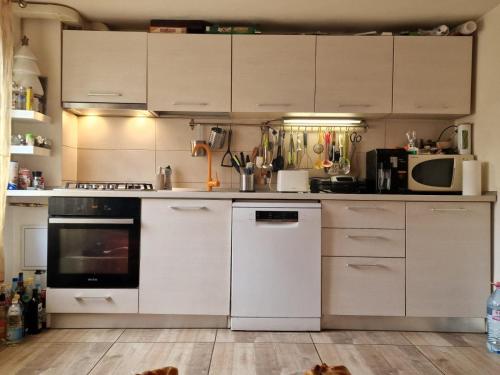 a kitchen with white cabinets and a stove top oven at Sabina's Cozy House in Buşteni