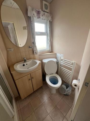 a bathroom with a toilet and a sink and a mirror at Eagle 63, Scratby - California Cliffs, Parkdean, sleeps 6, pet friendly, bed linen and towels included - close to the beach in Scratby