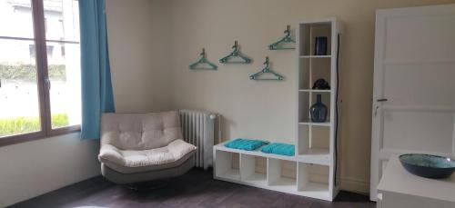 un salon avec une chaise et une fenêtre dans l'établissement Le 135, logement spacieux entre ville et volcans, à Ceyrat