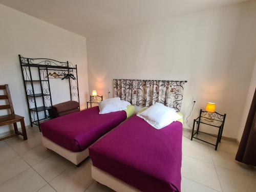 two beds in a room with purple sheets at Gîte familial en ferme avec jardin, proche forêt et canal d'Orléans - Label Tourisme et Handicap - FR-1-590-7 in Chailly-en-Gâtinais