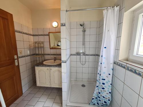 y baño con ducha y lavamanos. en Gîte Chailly-en-Gâtinais, 5 pièces, 8 personnes - FR-1-590-7, en Chailly-en-Gâtinais
