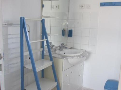 La salle de bains blanche est pourvue d'un lavabo et d'une échelle. dans l'établissement Gîte Guilly, 2 pièces, 2 personnes - FR-1-590-30, à Guilly