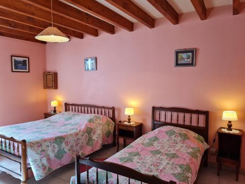 Duas camas num quarto com paredes cor-de-rosa em Gîte Pierrefitte-ès-Bois, 3 pièces, 5 personnes - FR-1-590-177 em Pierrefitte-ès-Bois