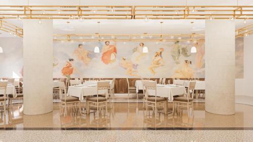 a rendering of a restaurant with white tables and chairs at Iberostar Selection Creta Marine in Panormos Rethymno