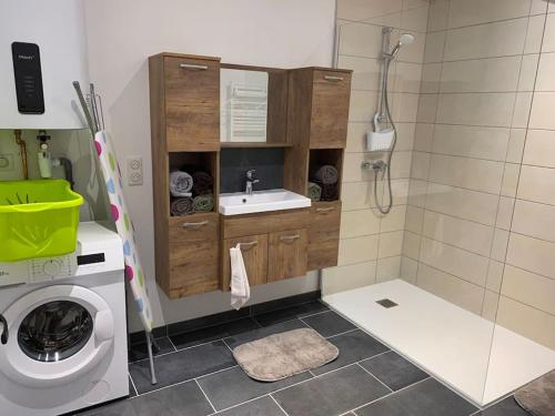 a bathroom with a washing machine and a sink at Chez Barbich’s in Jezainville