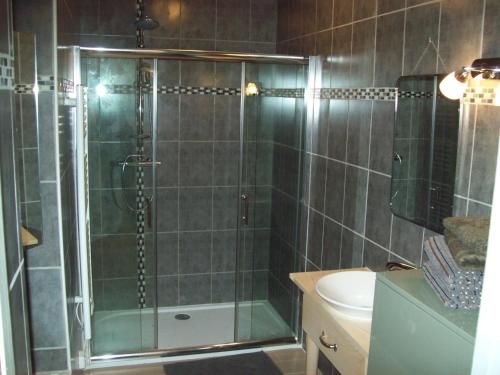 a shower with a glass door in a bathroom at Gîte Contrisson, 4 pièces, 6 personnes - FR-1-585-16 