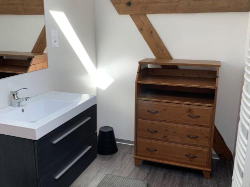 a bathroom with a sink and a wooden cabinet at Maison de charme rénovée proche Verdun, idéal randos, 3 ch, jardin, terrasse, cuisine équipée - FR-1-585-48 in Forges-sur-Meuse