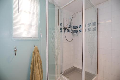 Llandyfrydog的住宿－Capel Park Tyddynod Bach，浴室里设有玻璃门淋浴