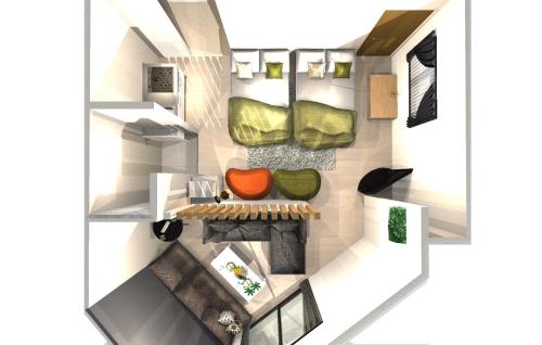a floor plan of a living room with a bench at Racine難波 in Osaka