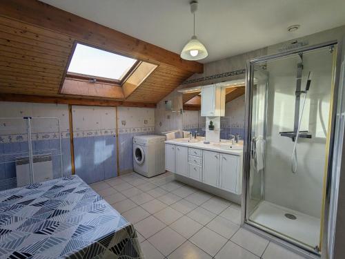 ein Bad mit einer Dusche und einer Waschmaschine in der Unterkunft Gîte Ban-sur-Meurthe-Clefcy, 3 pièces, 5 personnes - FR-1-589-137 in Ban-sur-Meurthe-Clefcy