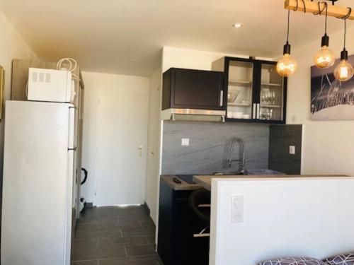 une petite cuisine avec un réfrigérateur et un évier dans l'établissement Studio 103, Héliopolis FGH au village naturiste, au Cap d'Agde