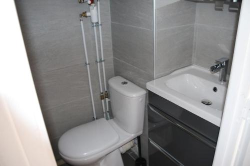 une petite salle de bain avec toilettes et lavabo dans l'établissement Studio 103, Héliopolis FGH au village naturiste, au Cap d'Agde