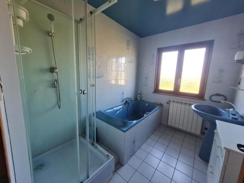 a bathroom with a blue tub and a sink at Maison tranquille avec cheminée près de Gérardmer - FR-1-589-142 in Gerbépal