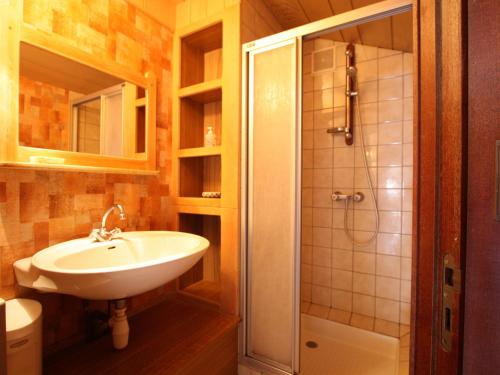 a bathroom with a sink and a shower at Gîte familial avec salle de jeux, cheminée, terrasse et proche de sites touristiques - FR-1-589-186 in Pierrefitte