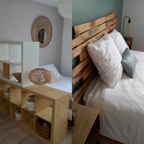 - une chambre avec un lit et une tête de lit en bois dans l'établissement Chambre dans maison, à Baillet-en-France