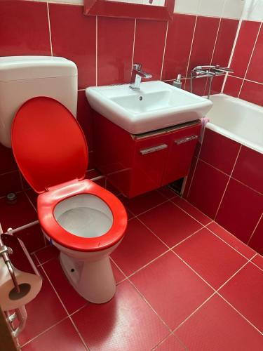 a red bathroom with a red toilet and a sink at Dristor Residence in Bucharest