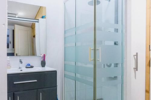 une salle de bain avec une douche en verre et un lavabo dans l'établissement Charmante maisonnette avec terrasse, à La Rochelle