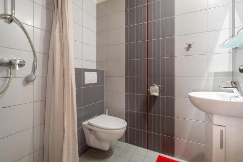 La salle de bains est pourvue de toilettes et d'un lavabo. dans l'établissement Vila 27, à Bešeňová