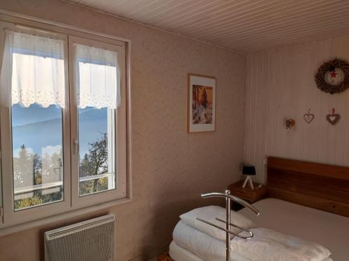 um quarto com uma cama e duas janelas em Gîte Saulxures-sur-Moselotte, 3 pièces, 5 personnes - FR-1-589-339 em Saulxures-sur-Moselotte