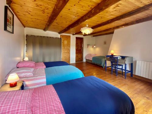 ein Zimmer mit zwei Betten und einem Schreibtisch in der Unterkunft Gîte 10 pers avec 4 chambres et 3 salles d'eau, animaux admis - FR-1-582-94 in La Besseyre-Saint-Mary