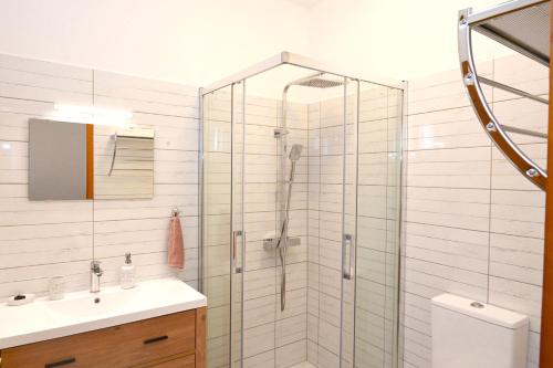 La salle de bains est pourvue d'une douche en verre et d'un lavabo. dans l'établissement Erdődy Vendégház, à Kastélyosdombó