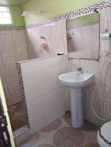 ein Bad mit einem Waschbecken und einer Dusche mit einem Spiegel in der Unterkunft Casa Parintins in Parintins