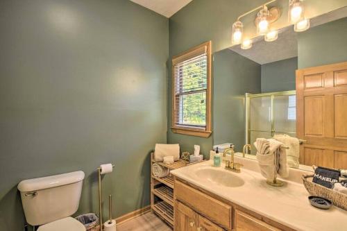 a bathroom with a sink and a toilet and a mirror at Riverfront Home w Gameroom & Screened Porch in Ellijay