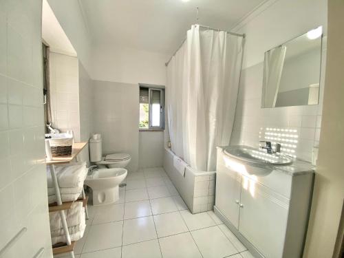 een witte badkamer met een wastafel en een toilet bij Central Avenida Liberdade 3 in Lissabon