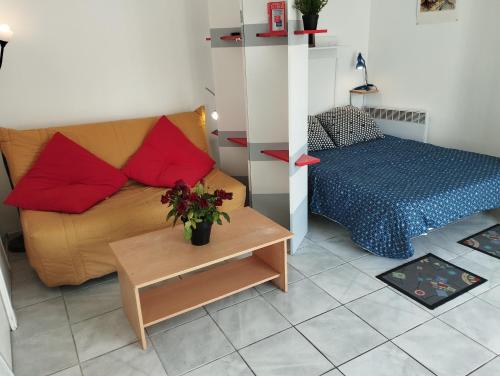 un salon avec un canapé et un lit dans l'établissement Grand studio sur jardin Nantes Beaujoire B, à Nantes