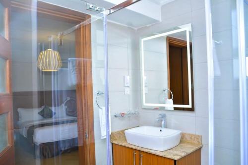 a bathroom with a sink and a shower and a mirror at The Moon Apartments in Mutomo