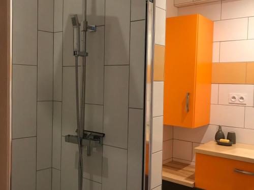 a shower with a glass door in a bathroom at Maison lumineuse avec sauna, terrasse sud, proche Gérardmer, animaux acceptés - FR-1-589-369 in Gérardmer