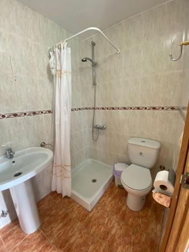 a bathroom with a sink and a toilet and a shower at Balcones de Madrid in Parada del Sil