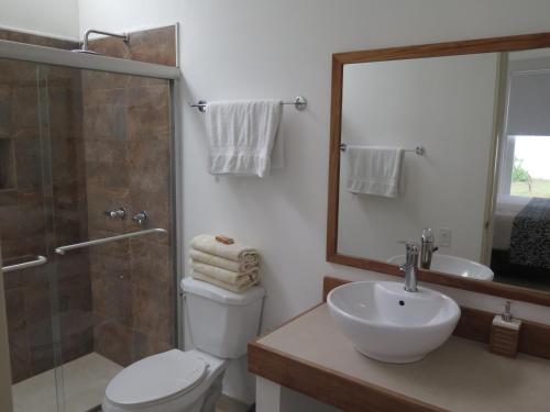 a bathroom with a toilet and a sink and a shower at Tamarindo in San Andrés