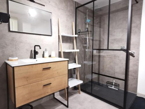 łazienka z umywalką i prysznicem w obiekcie Gîte cosy avec jeux et terrasse à Auzon - FR-1-582-338 w mieście Auzon
