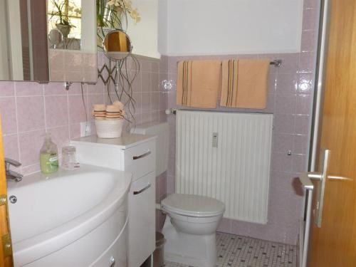 Carmen's Ferienwohnung في Apelern: حمام به مرحاض أبيض ومغسلة