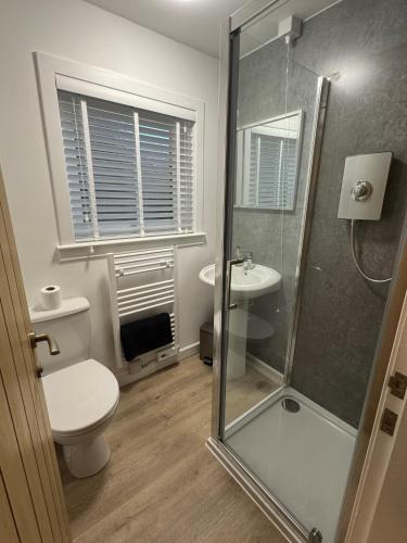 a bathroom with a shower and a toilet and a sink at Bank Place in Crieff
