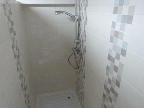 y baño con cabina de ducha y pared de azulejos. en Gîte Vilosnes-Haraumont, 2 pièces, 2 personnes - FR-1-585-81, 