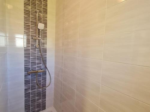 a shower with a glass door in a bathroom at Gîte tout confort au bord de la Meuse avec jardin et activités familiales à proximité - FR-1-585-82 in Vilosnes-sur-Meuse