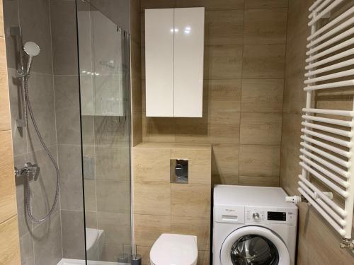 ein Badezimmer mit einem WC und einer Waschmaschine in der Unterkunft Apartament Powstańców Warszawy 4E in Bydgoszcz