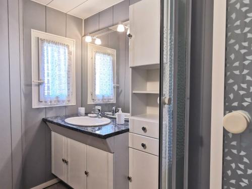 ein Bad mit einem Waschbecken und einem Spiegel in der Unterkunft Gîte Saint-Just-prés-Brioude, 3 pièces, 4 personnes - FR-1-582-343 in Saint-Just-près-Brioude