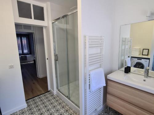 a bathroom with a shower and a sink at Gîte en Sologne au calme avec étang, proche d'Orléans et châteaux, idéal randonnées et pêche - FR-1-590-242 in Vannes-sur-Cosson