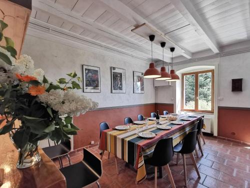 une salle à manger avec une longue table et des chaises dans l'établissement Gîte confortable en Auvergne proche de randonnées - FR-1-582-346, à Craponne-sur-Arzon