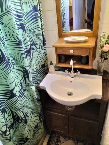 une salle de bain avec un lavabo et un miroir dans l'établissement MAISON ST CHRISTOPHE, à Lézardrieux