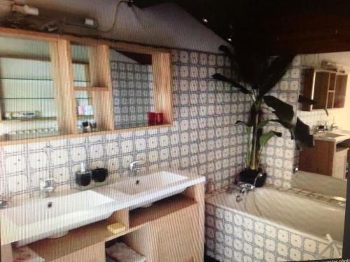 une salle de bain avec deux lavabos et une baignoire dans l'établissement Petite maison de charme avec piscine et pins centenaires, à Nîmes